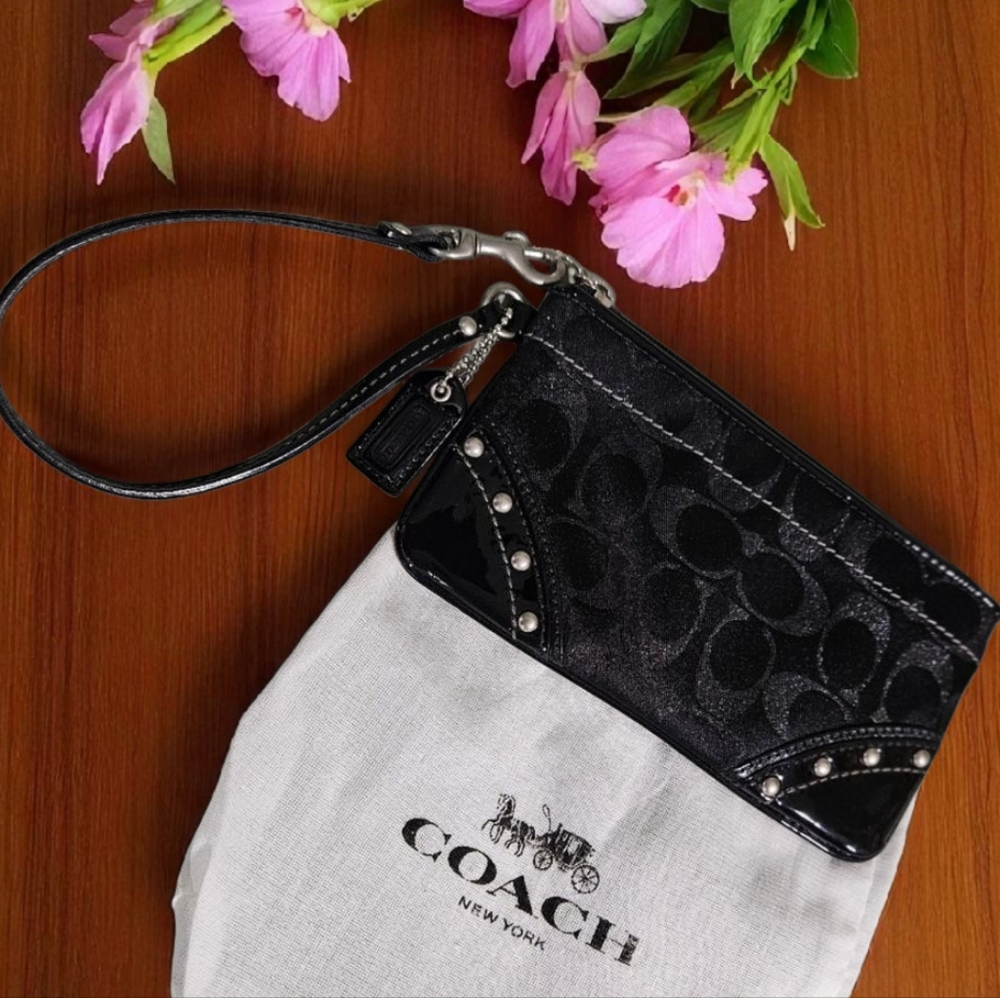 Coach Black Patent and Silver Studded Wristlet W/Dust Bag - Picture 5 of 6